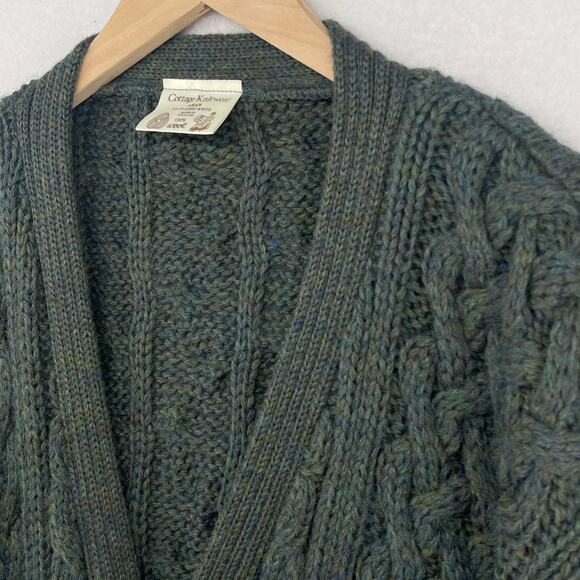 COTTAGE KNITWEAR Sweater Mens L Wool Aran Cable Button Up Cardigan Green - Picture 8 of 14